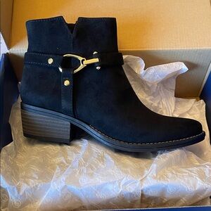White Mountain Black Ankle Booties with Gold Buckle